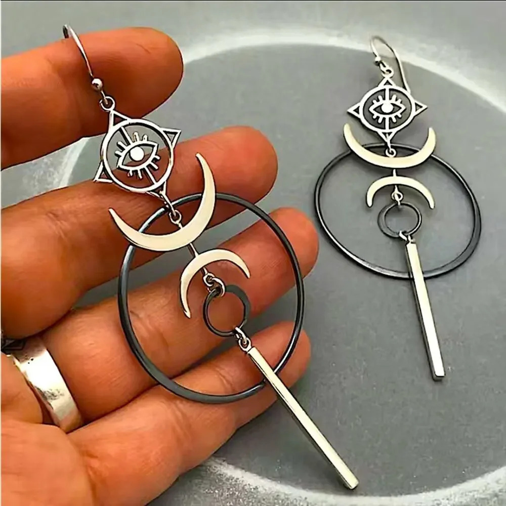 Silver Exaggerated Evil Eye Vintage Moon Punk Statement Geometric Earrings